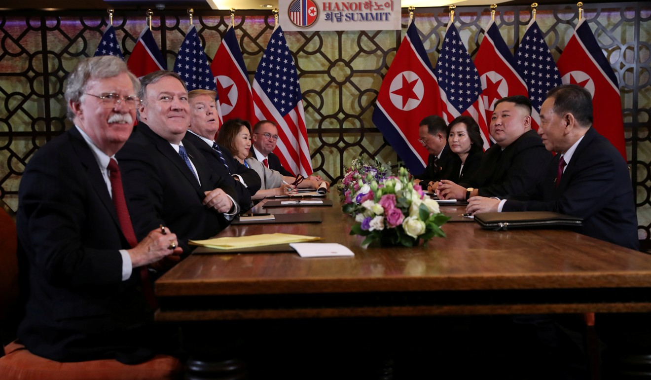 North Korea’s leader Kim Jong-un and US President Donald Trump in the Metropole hotel with US Secretary of State Mike Pompeo and national security adviser John Bolton. Photo: Reuters