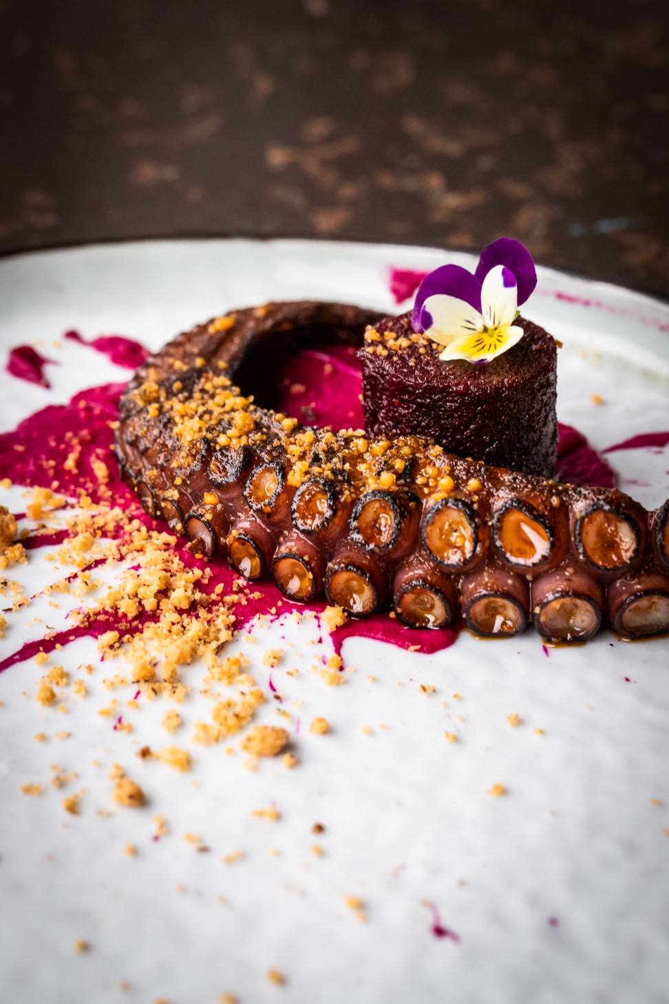 Chargrilled Spanish octopus with beetroot, smoked paprika and porcini crumble.