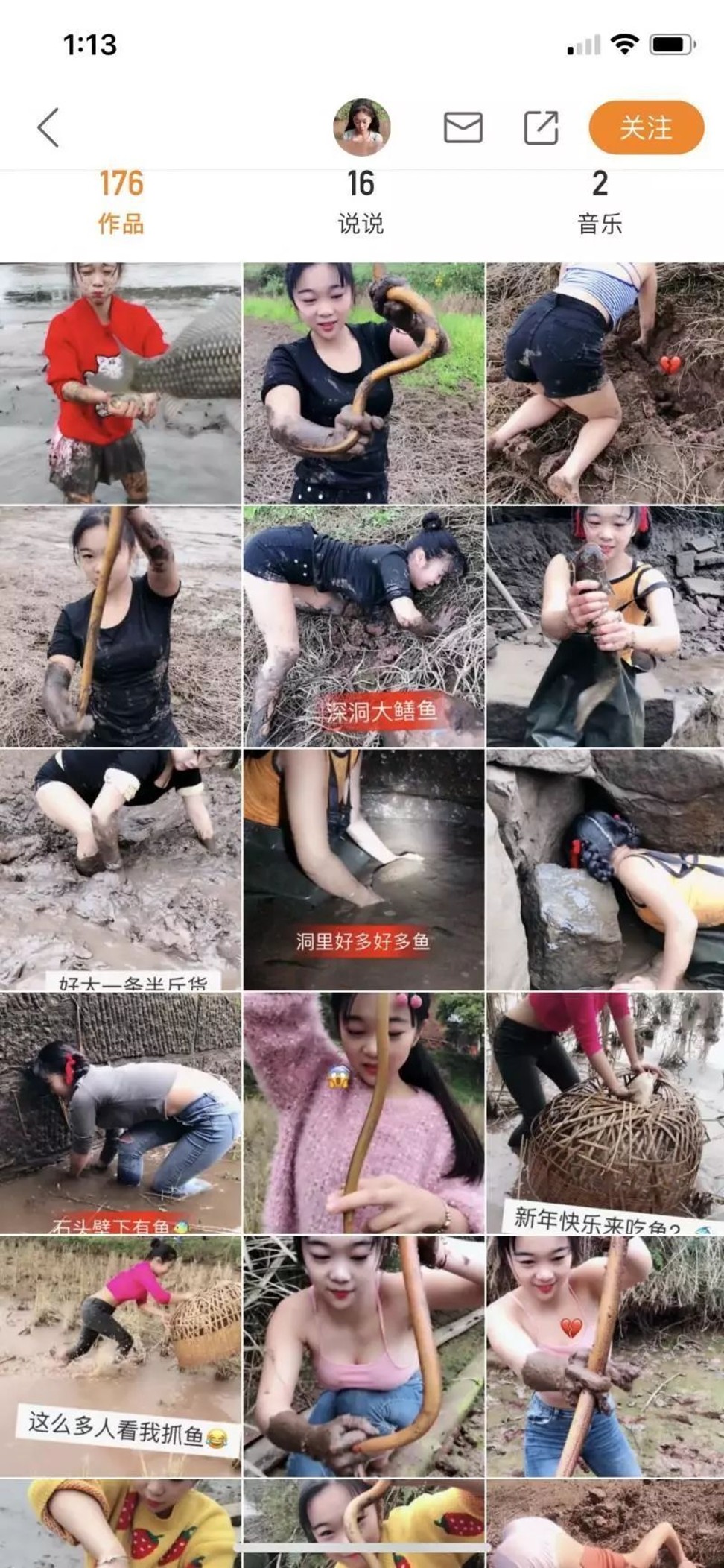 The woman was filmed in a variety of outfits while catching fish and eels. Photo: Weibo