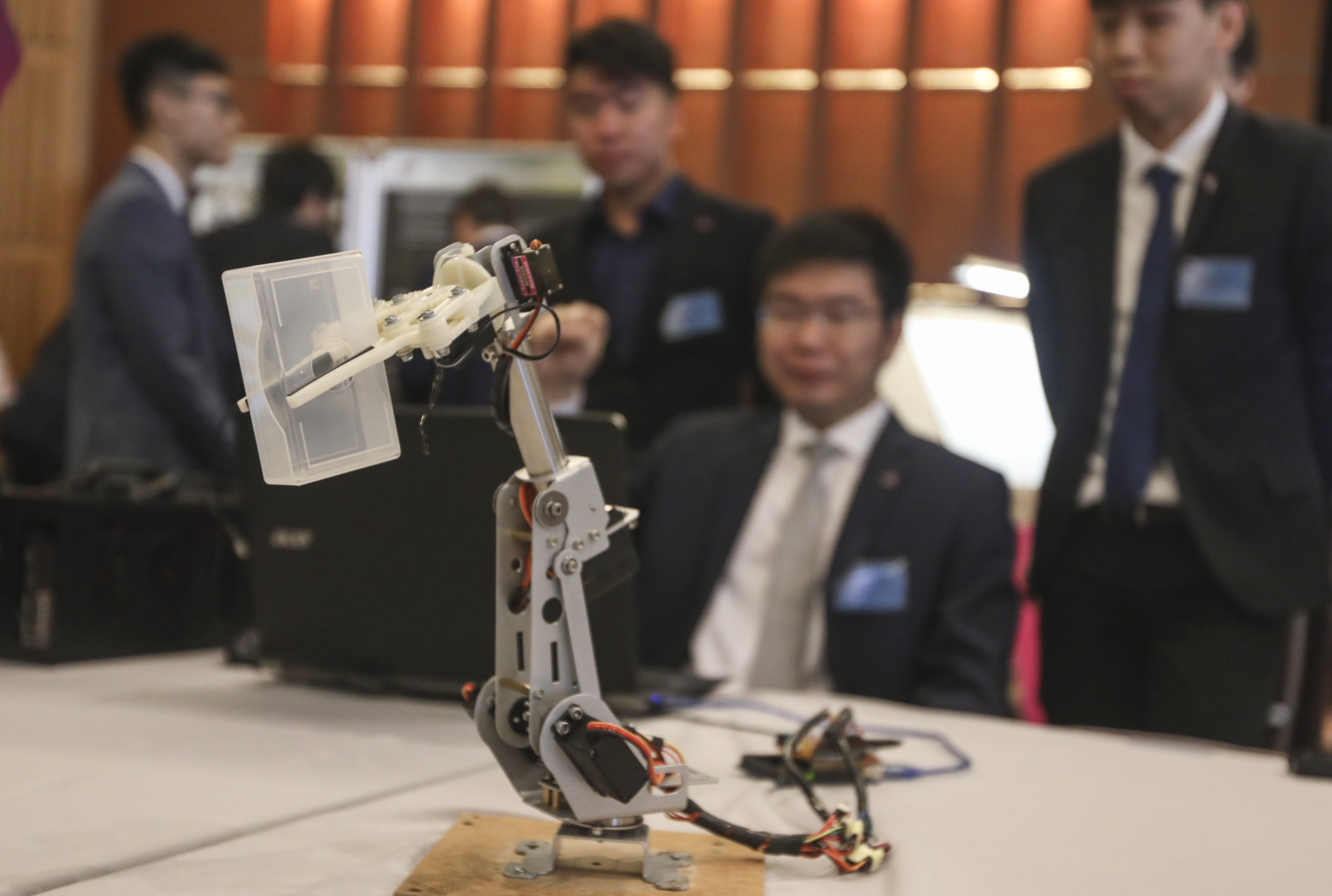 Jarvis, an AI-manipulated robotic arm, designed by City University students. Photo: Xiaomei Chen