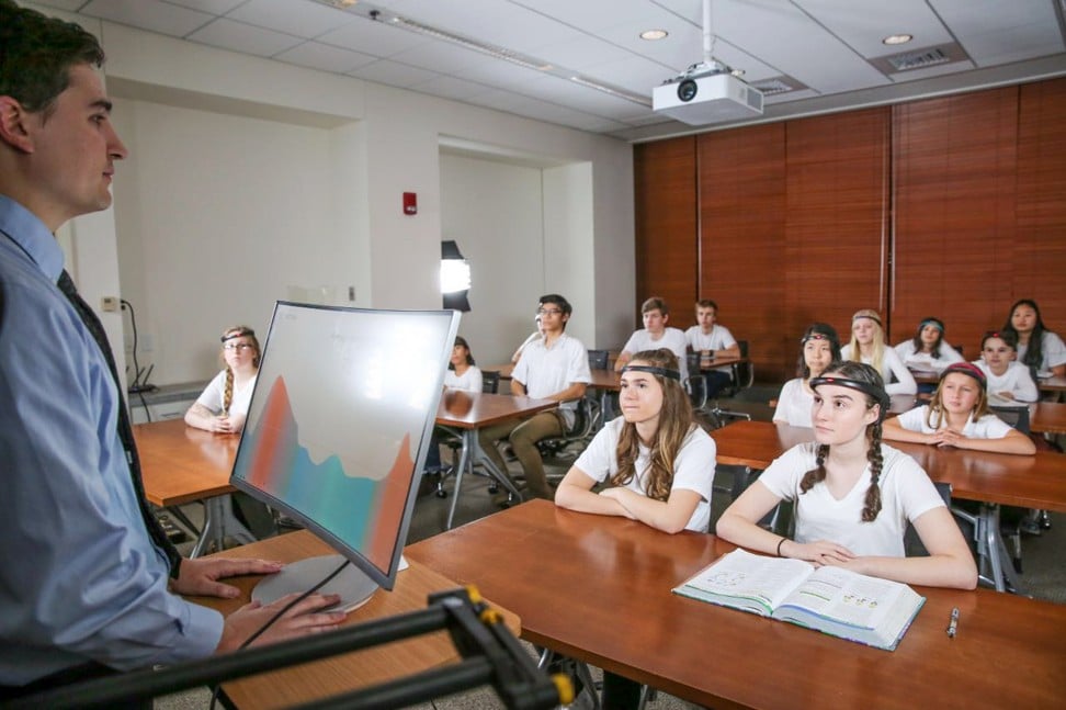 BrainCo, a hi-tech start-up incubated in the Harvard Innovation Lab, shows use of its Focus 1 headset in a US classroom, where a teacher can monitor how much students are engaged in lessons. Photo: Handout