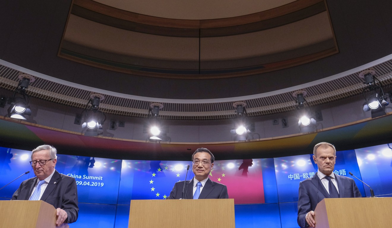 The joint statement came despite the EU last month labelling China a systemic rival. Pictured are (left to right) Juncker, Li and Tusk. Photo: EPA-EFE