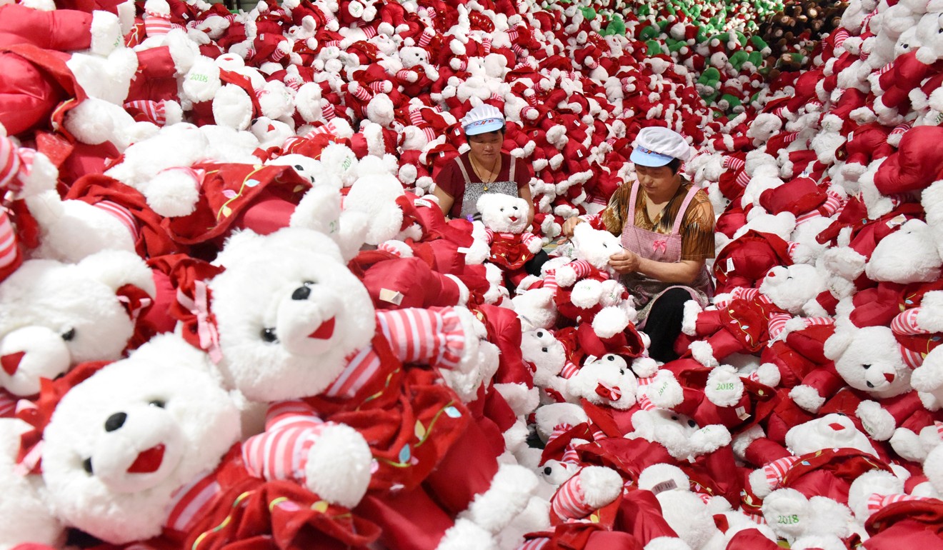 Workers make stuffed toys for export at a factory in Linyi, Shandong province, China, in June 2018. Photo: Reuters