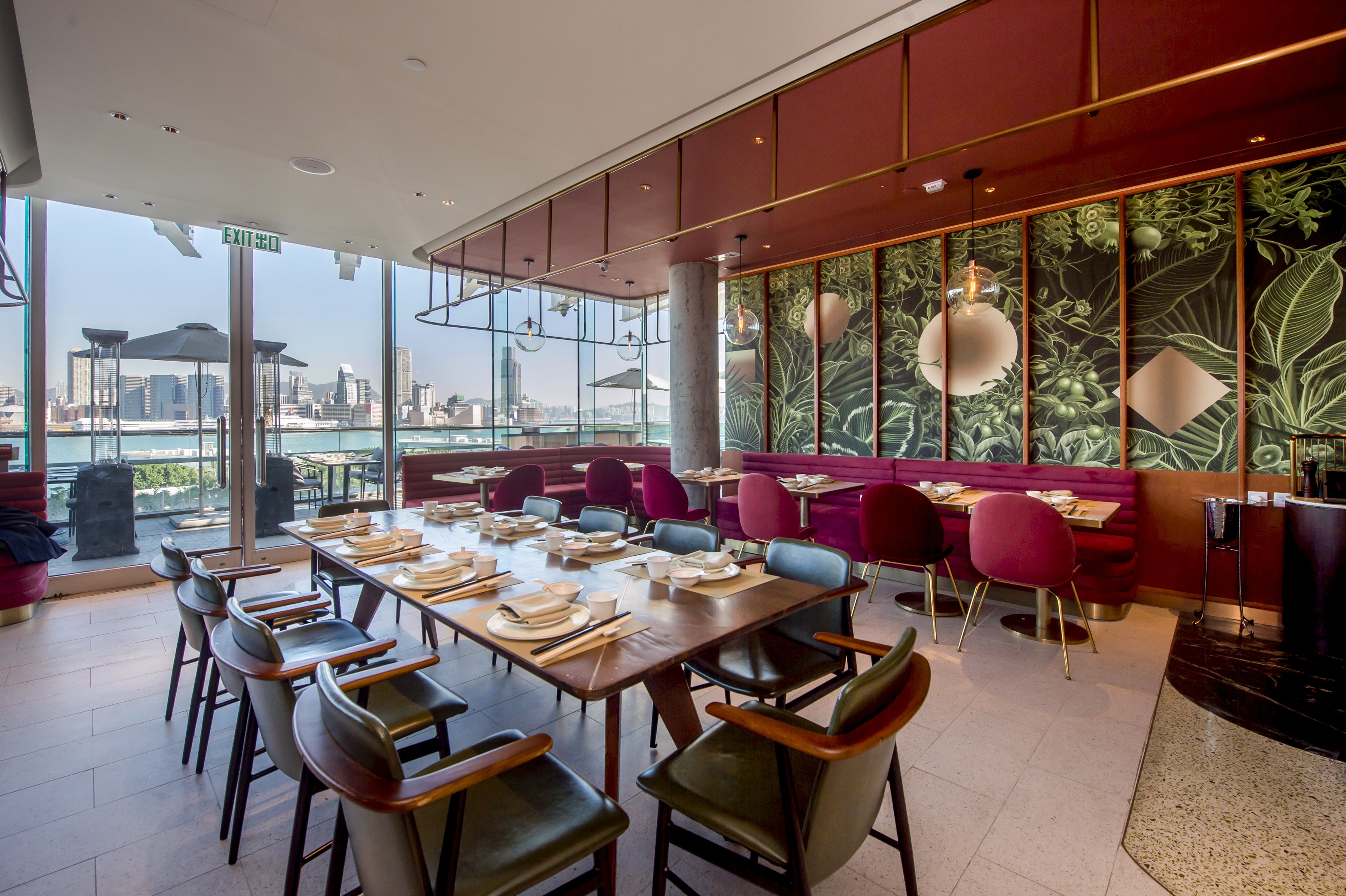 Smoky marsala red and shades of green create a cosy interior at Shè restaurant at Lane Crawford, IFC Mall, Central.