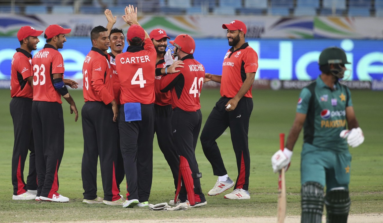 Hong Kong cricketers celebrate a Pakistan wicket during the Asia Cup in Dubai last year. Photo: AP