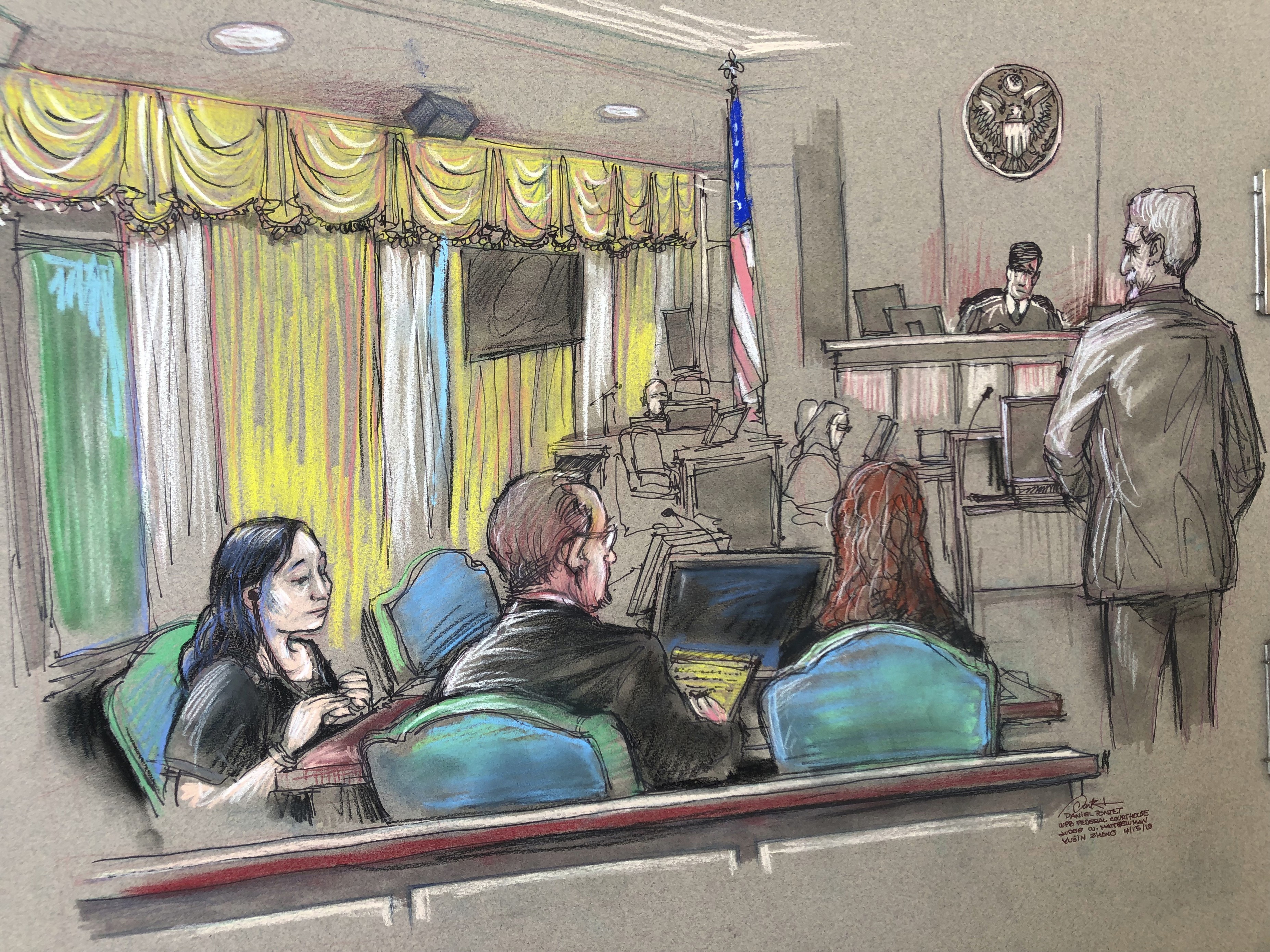 In this court sketch, Yujing Zhang, left, charged with lying to enter US President Donald Trump's Mar-a-Lago resort, listens at a hearing on Monday before federal Magistrate Judge William Matthewman in West Palm Beach, Florida. Zhang, considered a flight risk, was denied bail. Photo: Daniel Pontet via AP