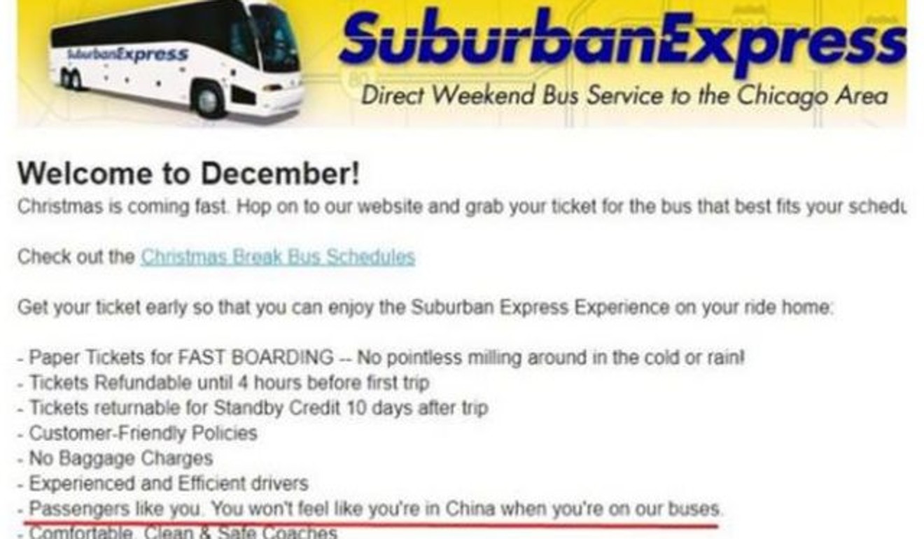 A screen grab of a Suburban Express ad saying 'You won't feel like you're in China when you’re on our buses’.