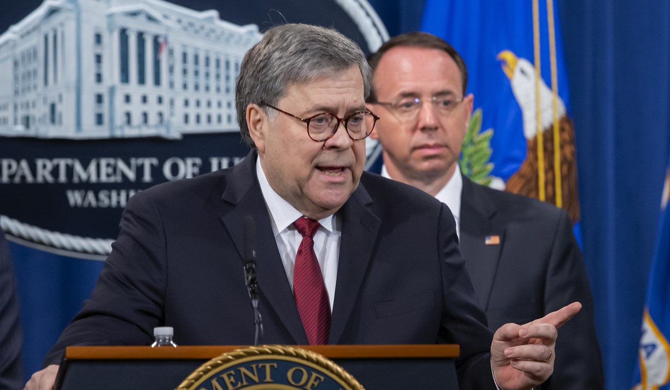 US Attorney General William Barr (left) and Deputy Attorney General Rod Rosenstein hold a press briefing before the release of the redacted Mueller report on Thursday. Photo: EPA-EFE