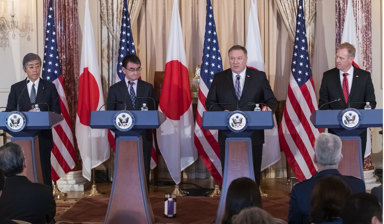 From left: Japan’s Defence Minister Takeshi Iwaya, Japan’s Foreign Minister Taro Kono, US Secretary of State Mike Pompeo and acting US secretary of defence Patrick Shanahan at a joint press conference at the US State Department in Washington on April 19, 2019. Photo: EPA