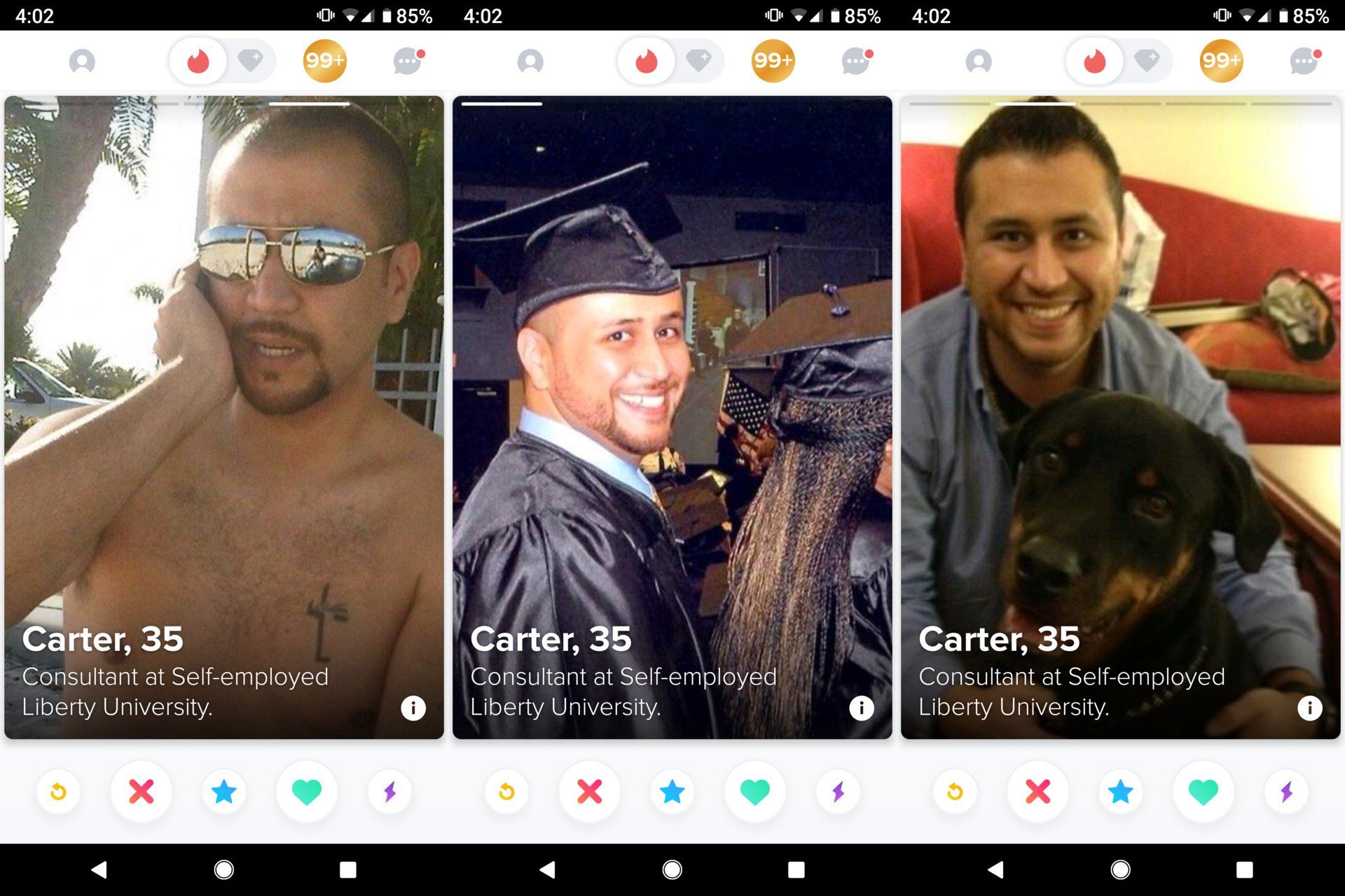 Tinder screen grabs showing photos posted by George Zimmerman. Photo: Tinder/Creative Loafing Tampa Bay