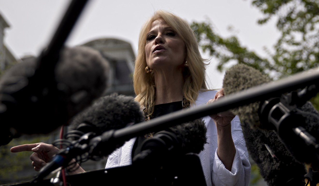 Kellyanne Conway speaks to the media outside the White House on Thursday. Photo: Bloomberg