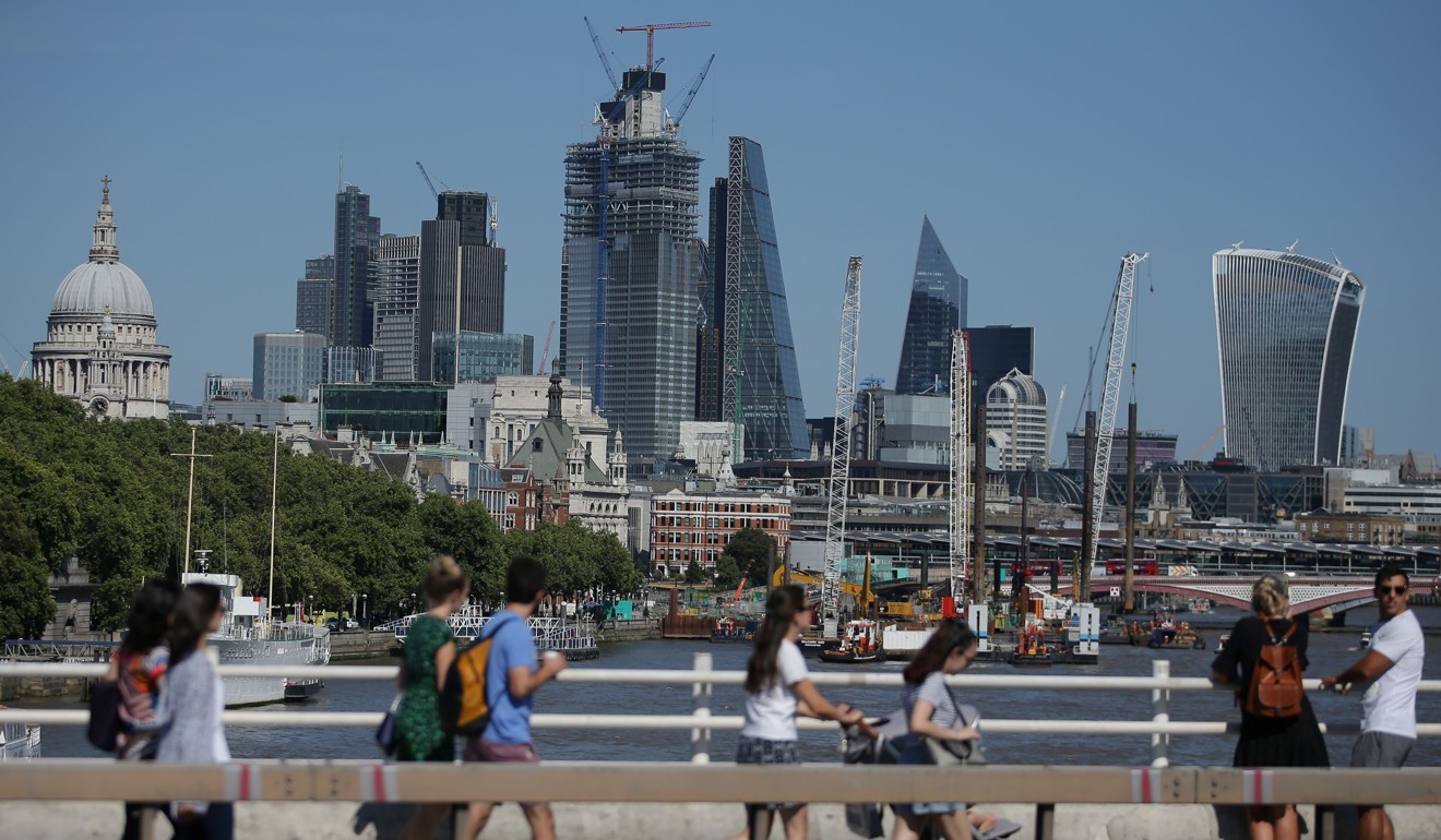 Pedestrians use Waterloo Bridge to cross over the River Thames, with skyscrapers and office buildings in the City of London in the background, in August 2018. London was the leading recipient of cross-border investment last year, but other European cities, including Munich and Warsaw, also figured in the top 10. Photo: AFP