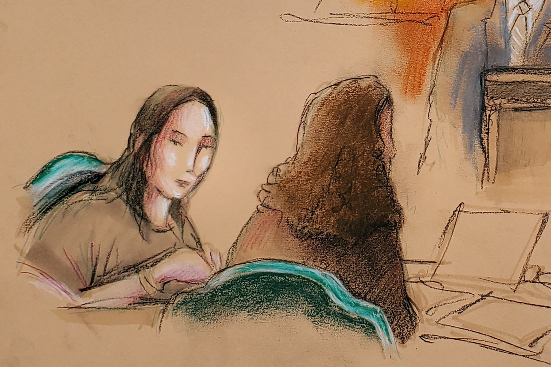 A courtroom sketch of Zhang Yujing during an April 8 hearing. Image: Reuters/Daniel Pontet