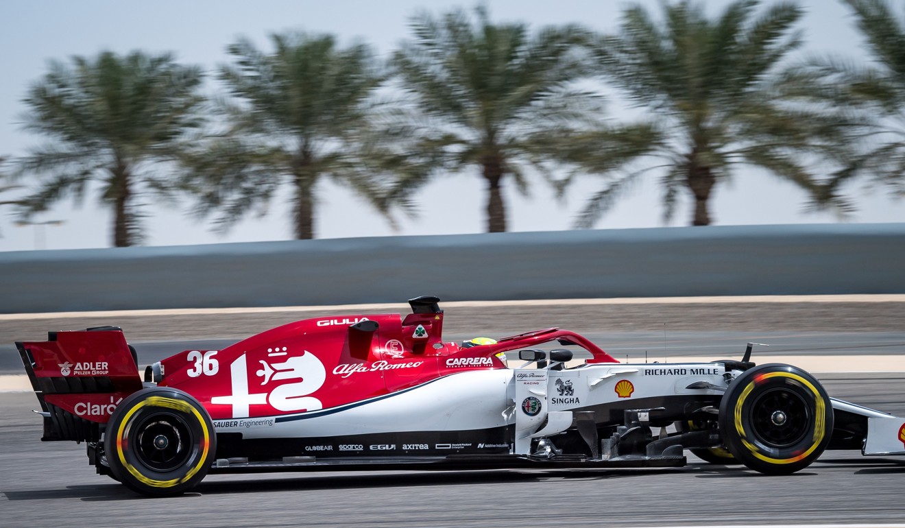 Mick Schumacher steers an Alfa Romeo Racing F1 car during testing at the Sakhir circuit in Manama. Photo: AFP