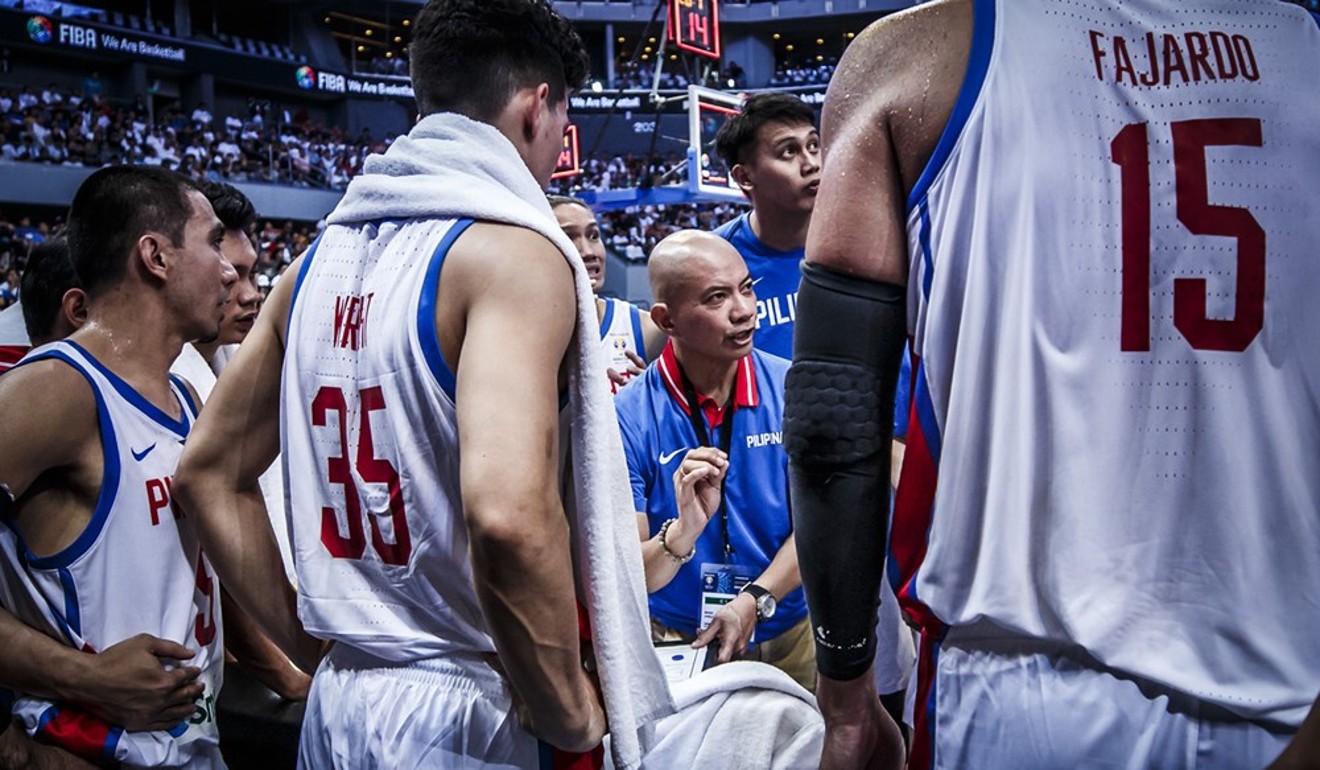 Philippines coach Yeng Guiao gives out instructions against Kazakhstan in their World Cup qualifier. Photo: Fiba