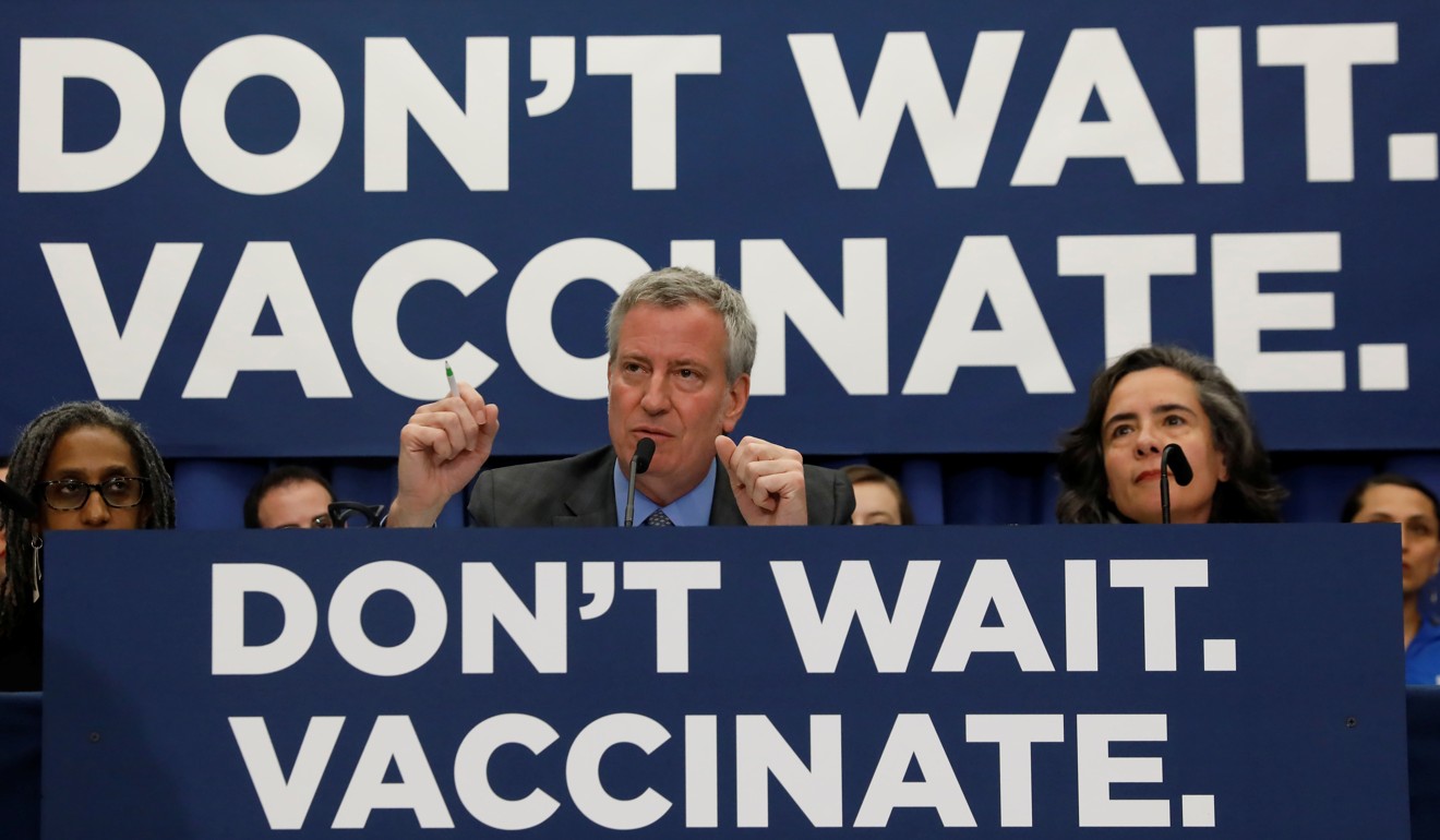 New York City Mayor Bill de Blasio speaks during a news conference declaring a public health emergency in parts of Brooklyn in response to a measles outbreak. Photo: Reuters