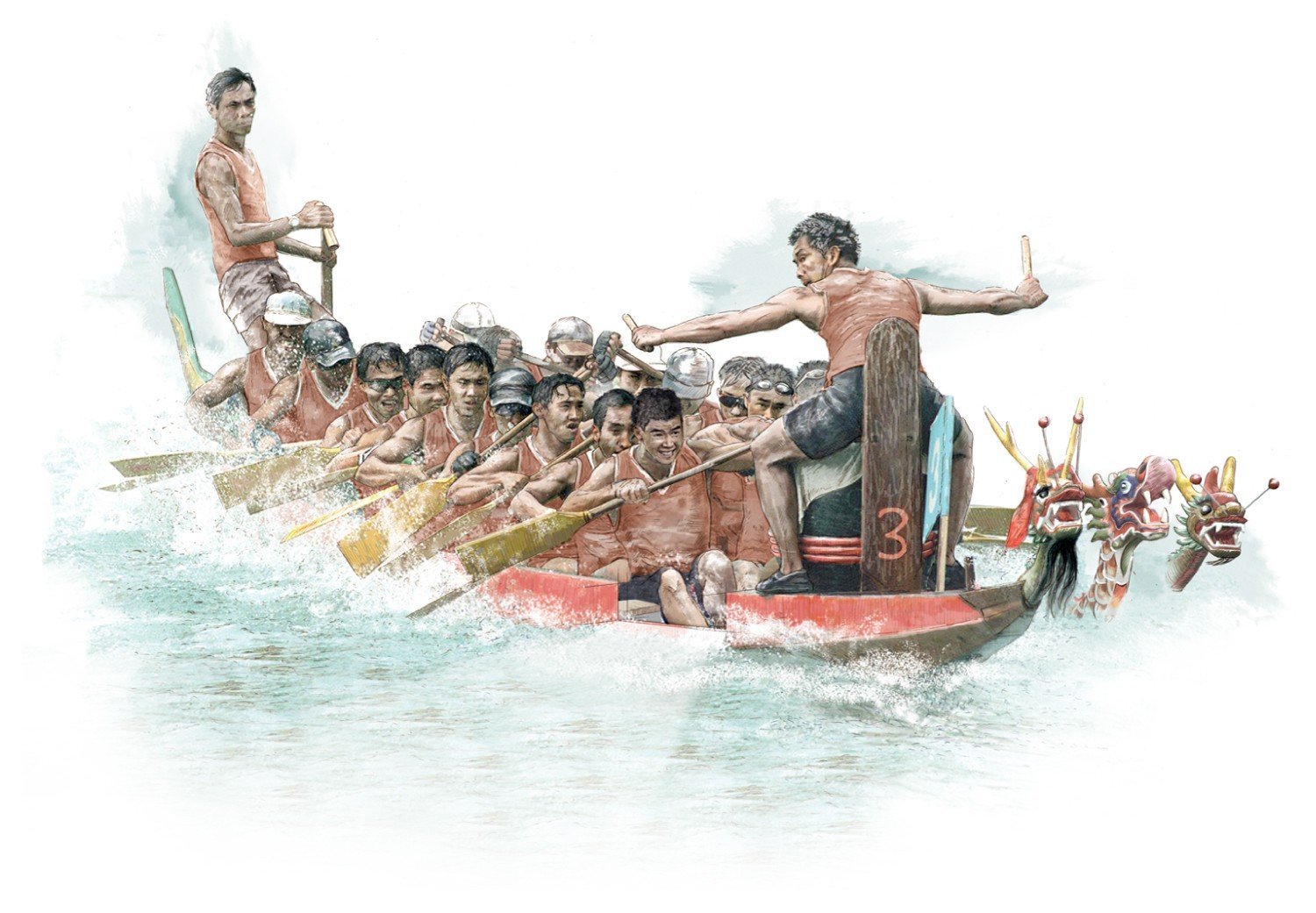 The crew of a dragon boat is assigned different places in a boat based on their individual strengths and aptitudes.