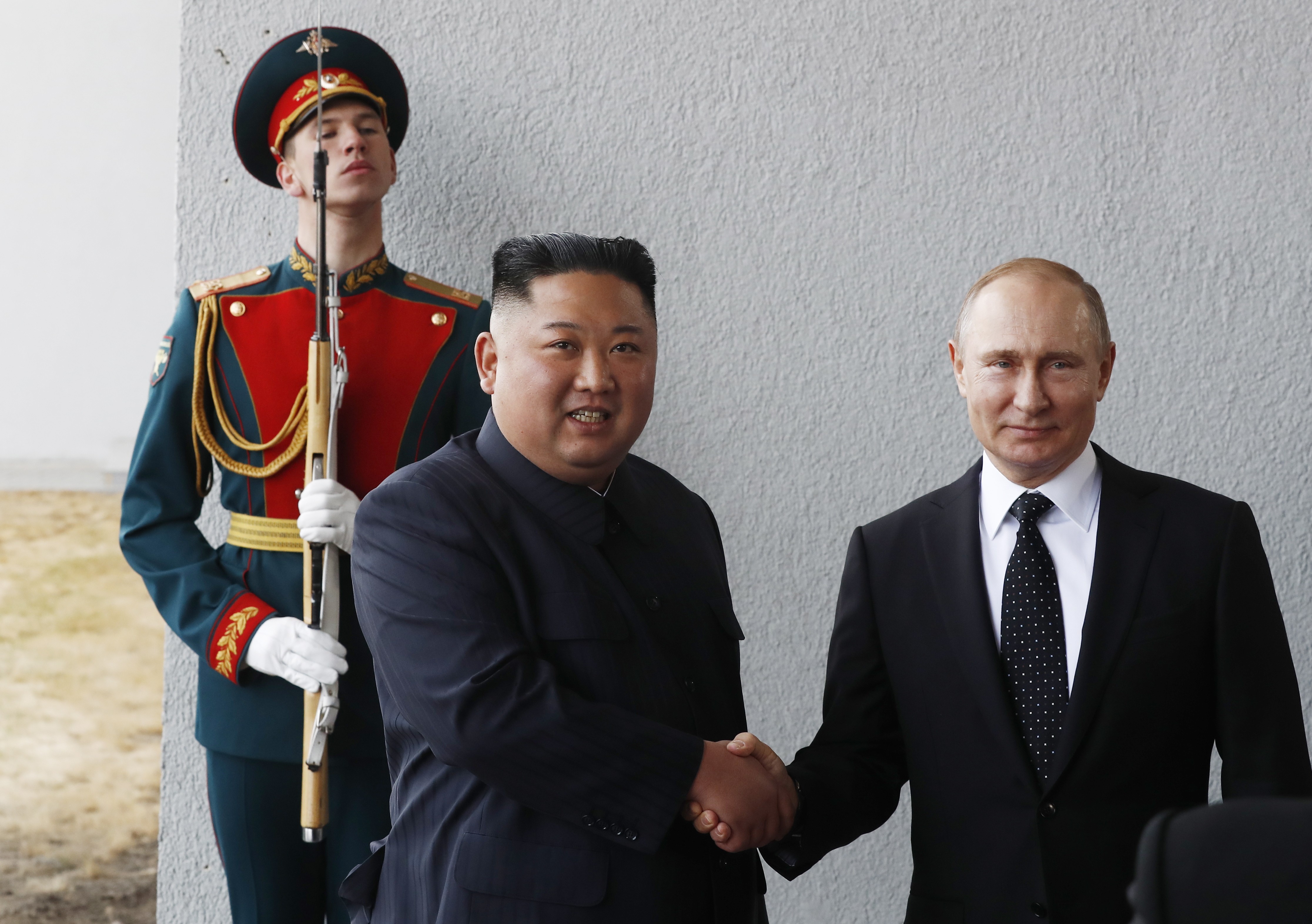 Russian President Vladimir Putin and North Korean leader Kim Jong-un shake hands prior to their talks in Vladivostok on April 25. Photo: EPA-EFE