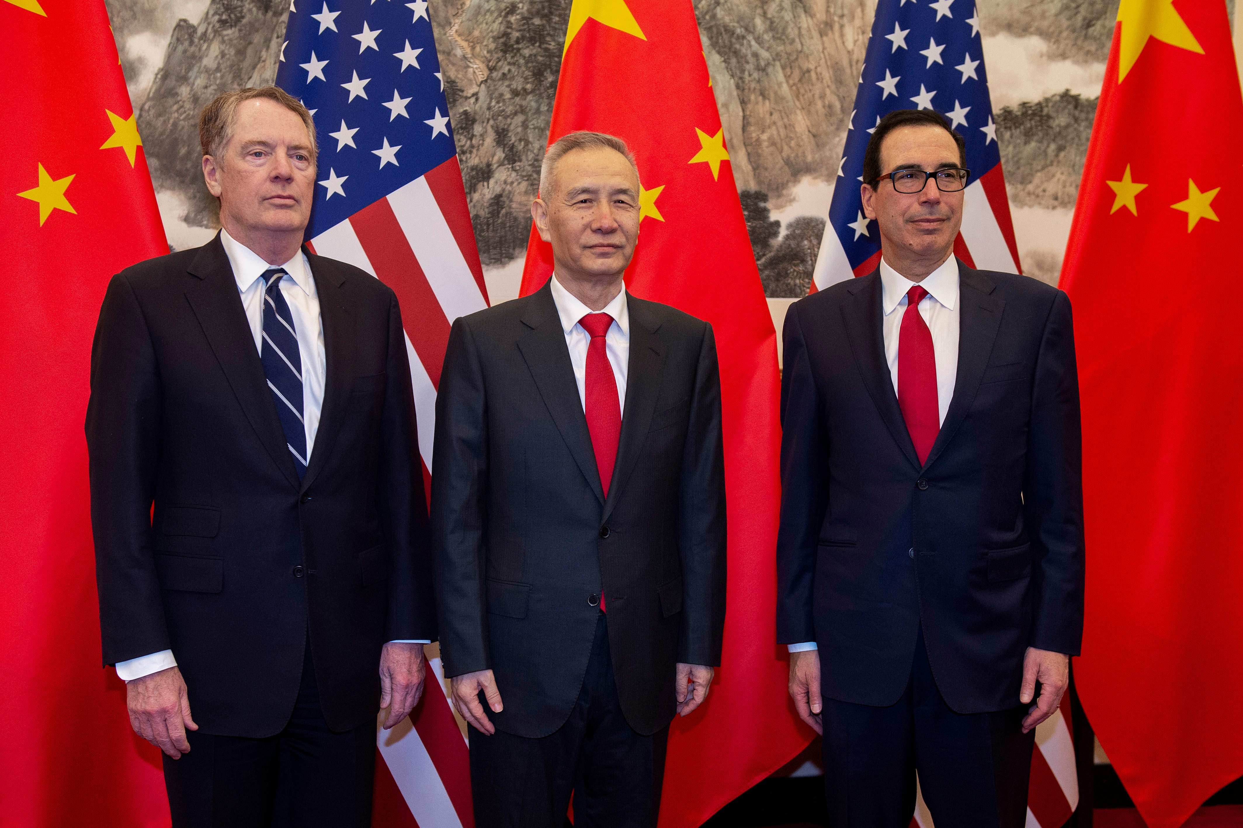 China's Vice-Premier Liu He poses for a photo with US Treasury Secretary Steven Mnuchin (right) and US Trade Representative Robert Lighthizer in Beijing on March 28. Ongoing negotiations between the US and China are reportedly nearing their end, with the possibility of Chinese President Xi Jinping signing a trade deal with US President Donald Trump floated for June. Photo: AFP