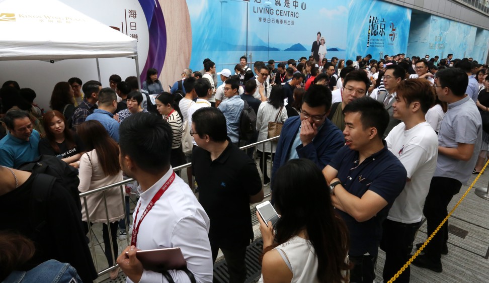 As many as 16 bids were received for each of the 295 flat units built by Billion Development and Project Managements at the Centra Horizon project in Tai Po's Pak Shek Kok on 27 April 2019. Photo: SCMP / Jonathan Wong