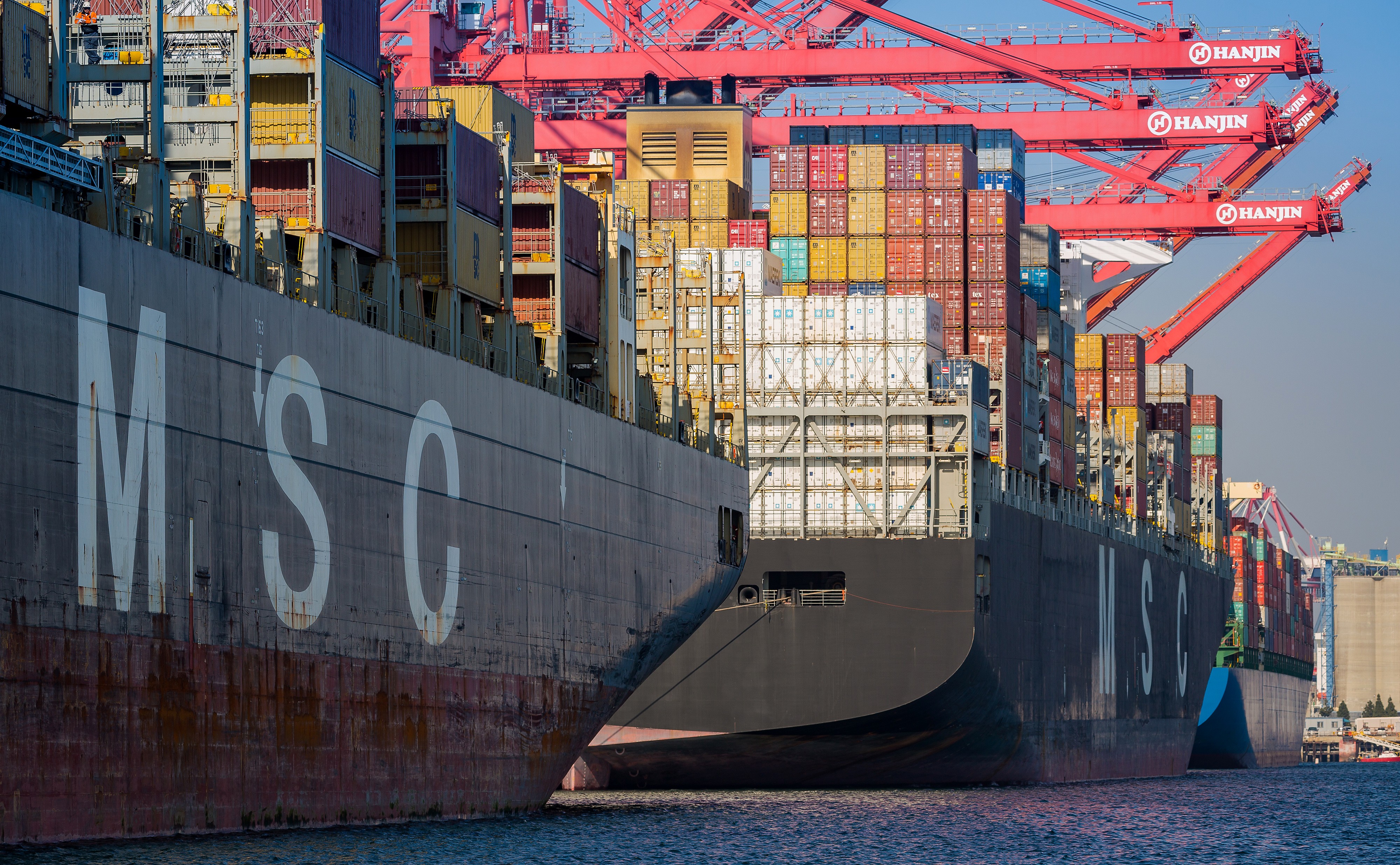 Cargo ships line up at the Long Beach port in California. Photo: Bloomberg