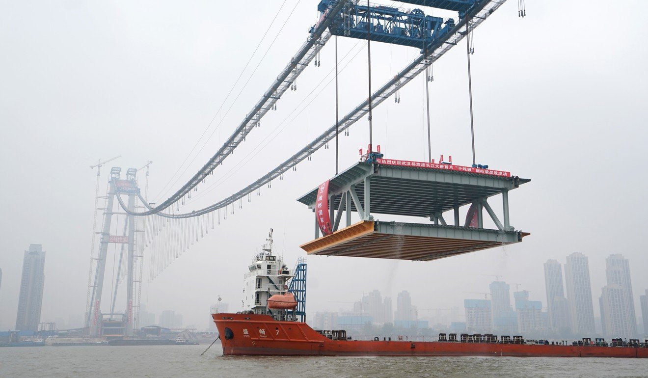 A 1,000-tonne steel beam is lifted to be installed at the construction site of the Yangsigang Bridge across the Yangtze River in Wuhan, the capital of central China’s Hubei province, in November 2018. Special purpose bonds issued in the first quarter of 2019 are expected to boost infrastructure spending. Photo: Xinhua
