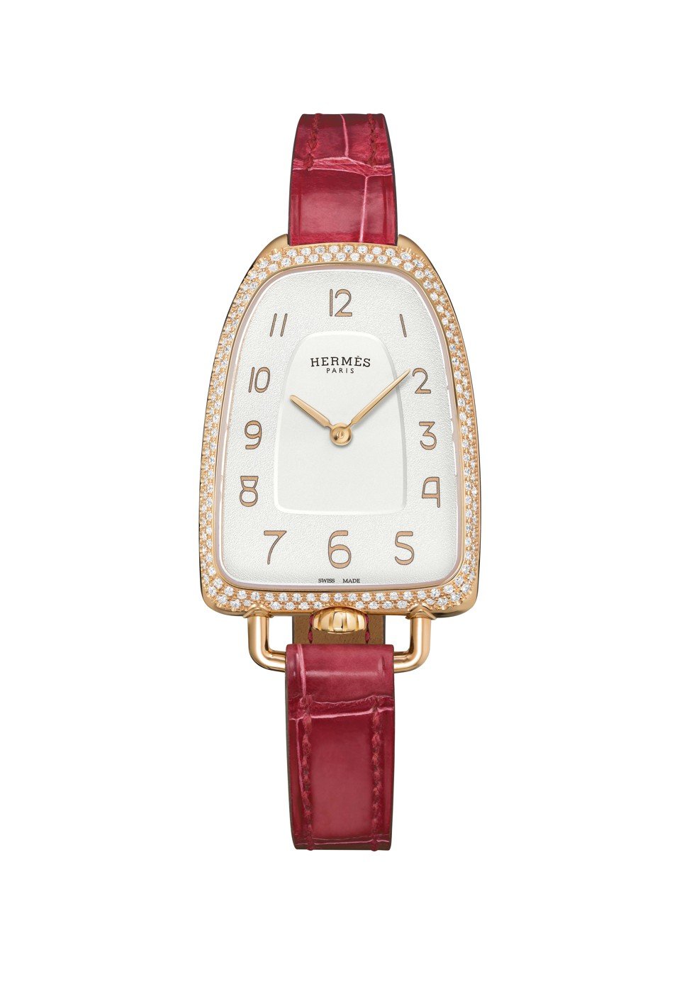 Galop d’Hermès watch with diamond bezel and red leather strap