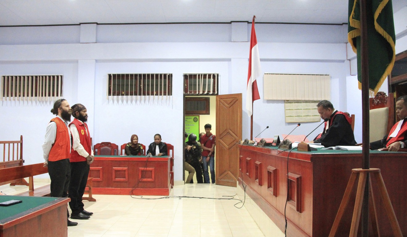 Skrzypski, left, and Indonesian co-defendant Simon Magal listen during their sentencing. Photo: AP