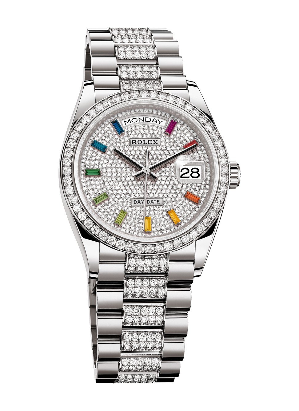 Rolex Oyster Perpetual Day-Date 36 with coloured gem hour markers.
