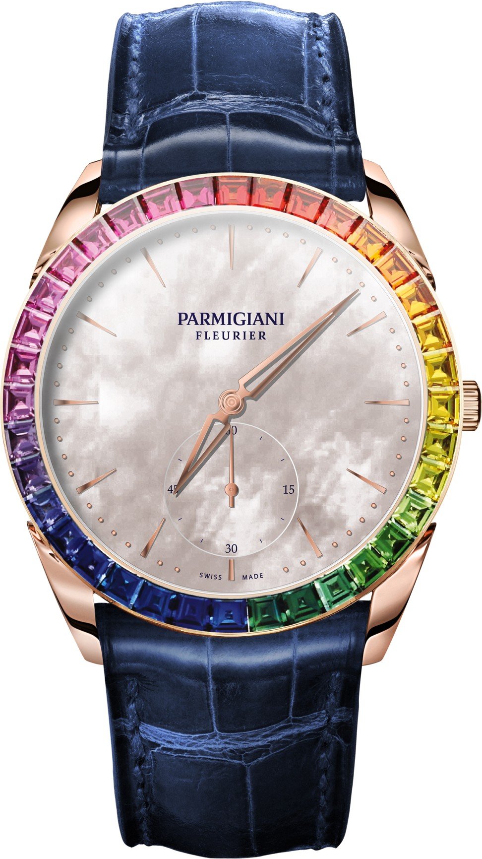 Parmigiani's Tonda 1950 watch with rainbow gems around the bezel