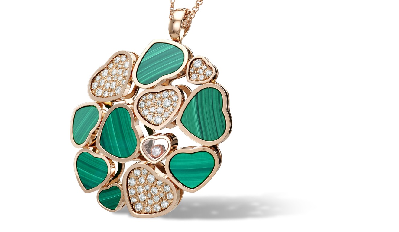 Chopard’s Happy Hearts pendant with diamonds and malachite