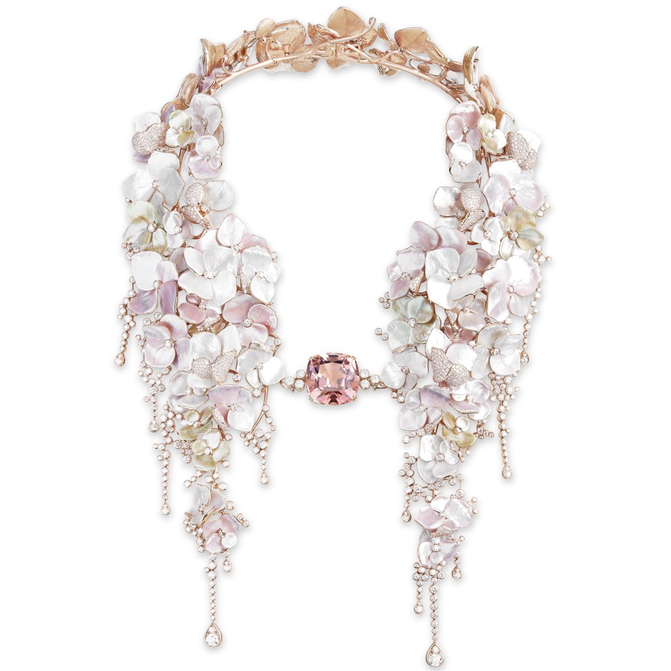 Boucheron’s Nuage de Fleurs necklace set with a 42.96 carat cushion pink tourmaline