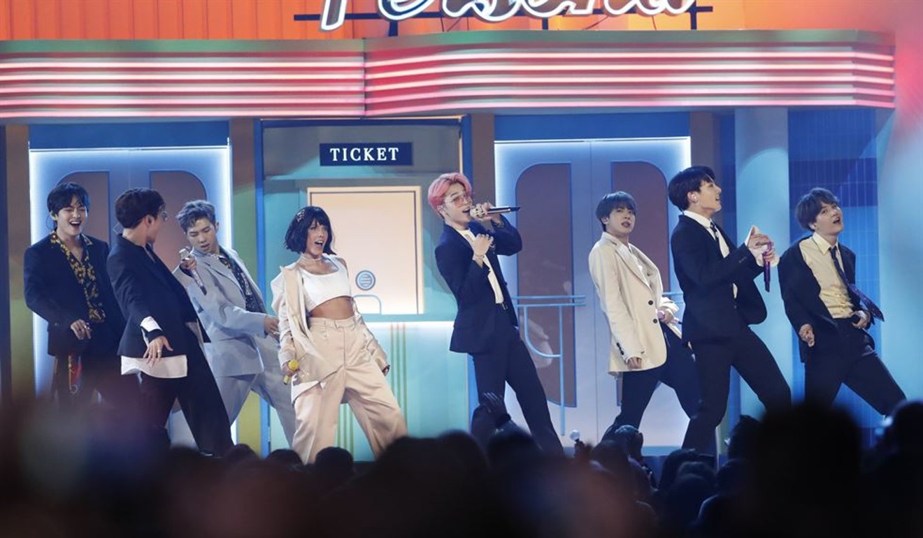 K-pop boy band BTS performs Boy With Luv with American singer Halsey (fourth from left) at Wednesday’s 2019 Billboard Music Awards in Las Vegas. Photo: Reuters