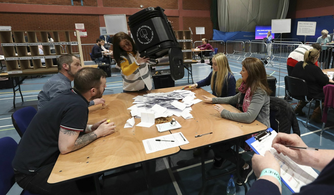 Counting of ballots begins in the Northern Ireland local elections as at Coleraine Leisure centre in County Londonderry. Photo: PA via AP