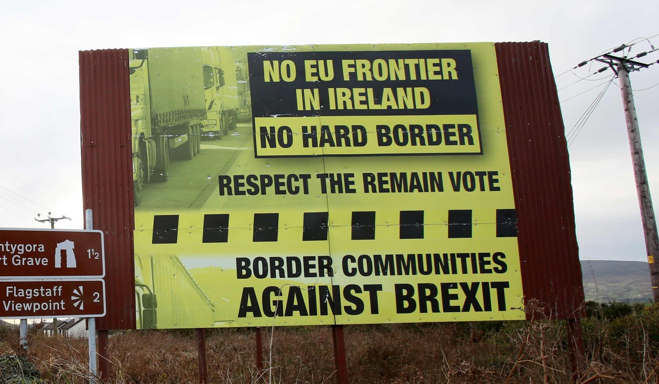 A Brexit Border poster near the border between Newry in Northern Ireland and Dundalk in the Irish Republic. Photo: AFP