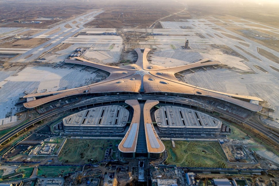 An aerial view of Beijing Daxing International Airport under construction in Beijing. The airport, which is expected to open in September 2019, will be one of the world's largest airports when it is completed, and authorities hope it will relieve congestion at Beijing's two existing commercial airports. Photo: AP