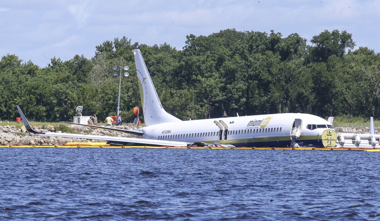 The Miami Air International Boeing 737-800 in St Johns River in Jacksonville, Florida on Saturday. Photo: AP