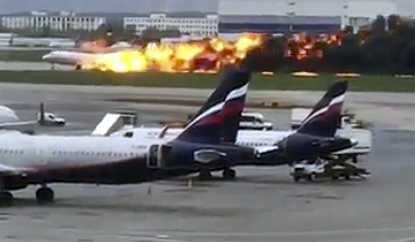 The SSJ-100 aircraft of Aeroflot Airlines on fire. Photo: Instagram via AP