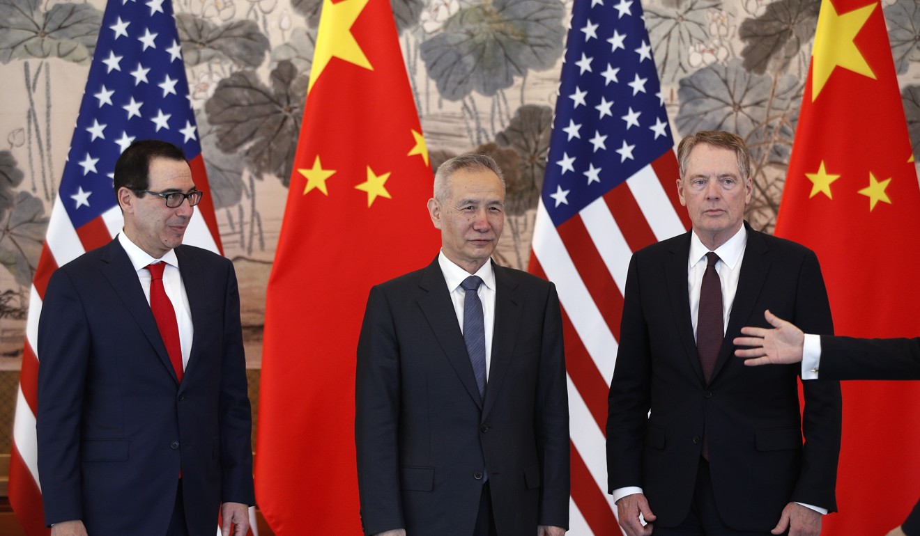 From left, US Treasury Secretary Steven Mnuchin, Chinese Vice Premier Liu He and US Trade Representative Robert Lighthizer after concluding their meeting at the Diaoyutai State Guesthouse in Beijing, China, this month. Photo: EPA-EFE