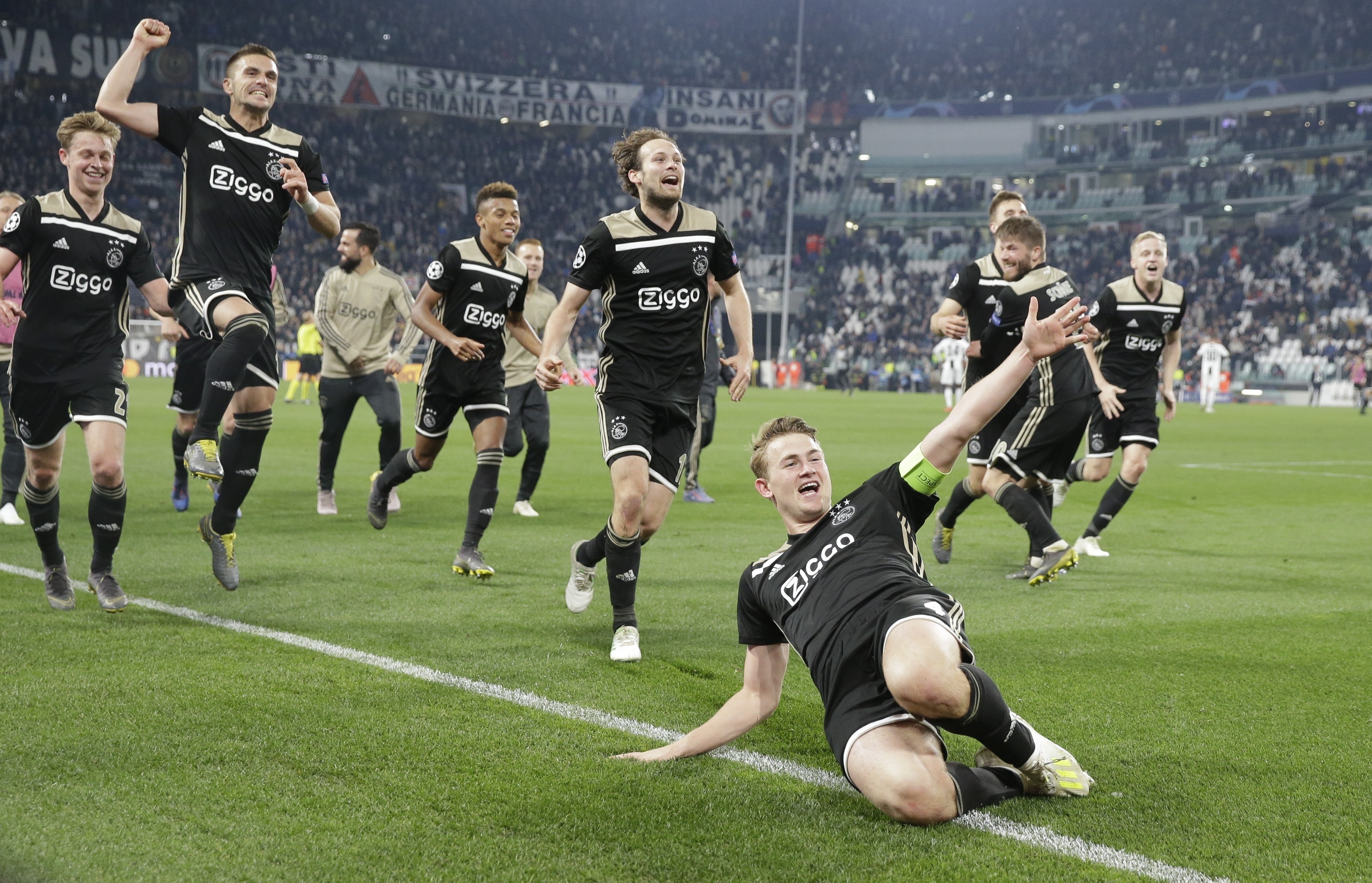 Ajax’s Matthijs de Ligt and teammates celebrate at the end of the Champions League, quarter-final win over Juventus. Photo: AP