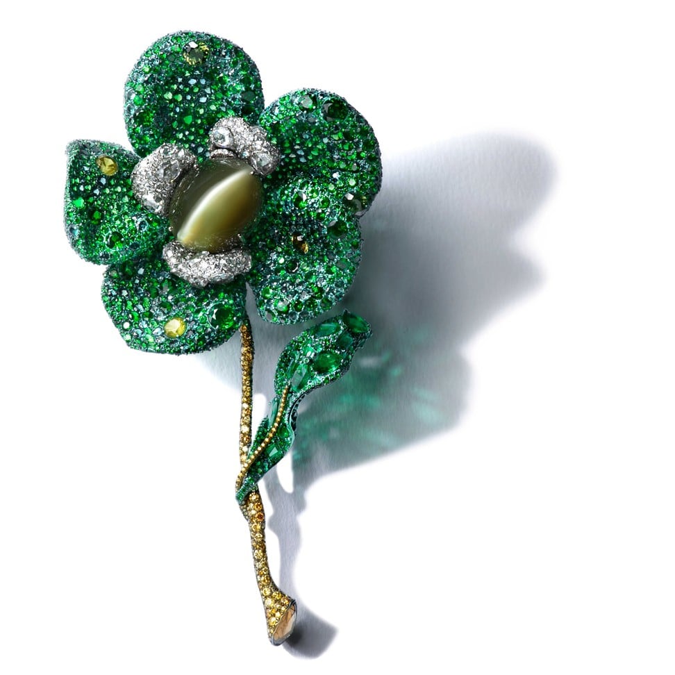 Cindy Chao The Art Jewel floral brooch featuring emeralds and titanium