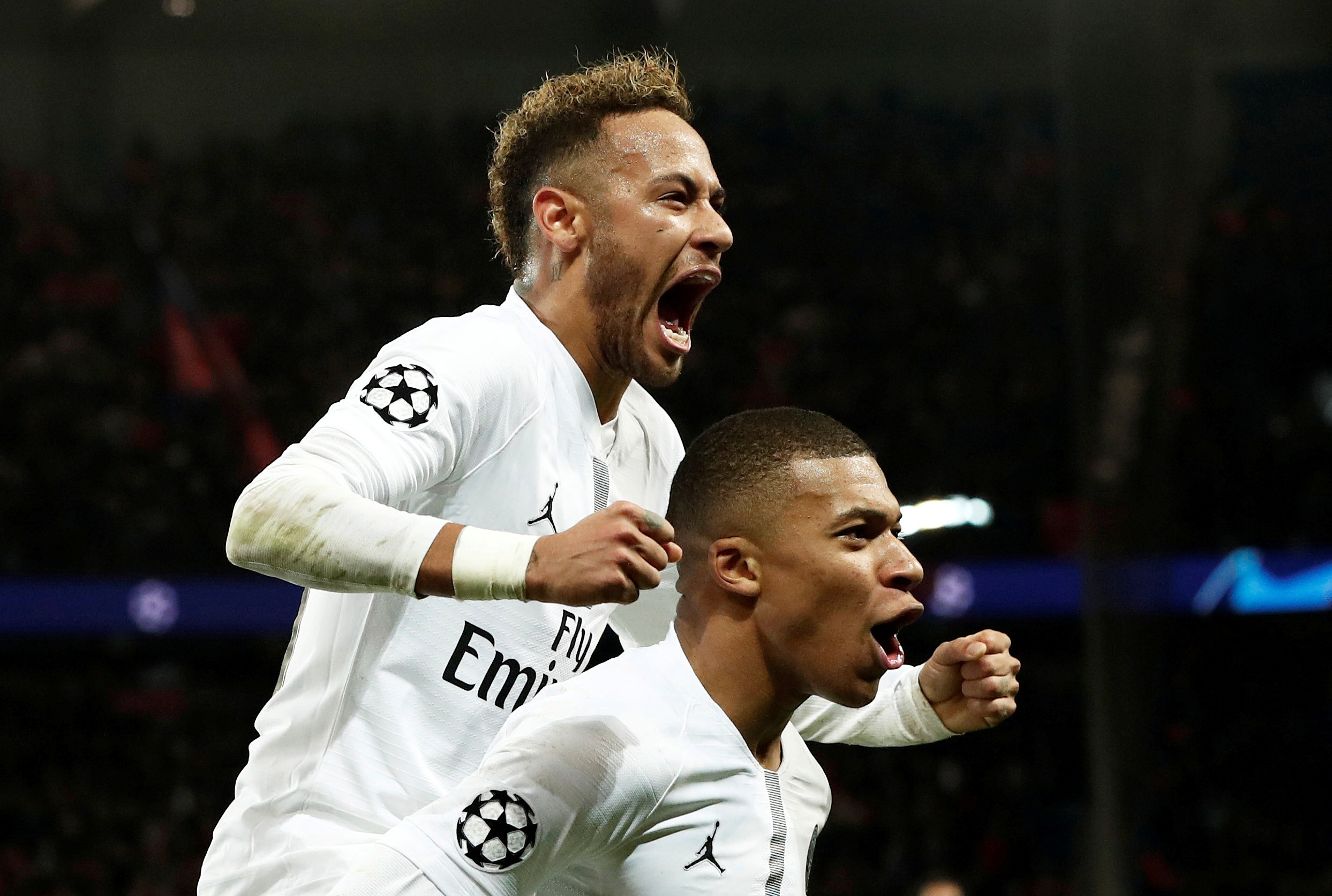 Paris St Germain’s Neymar celebrates scoring with Kylian Mbappe. Photo: Reuters