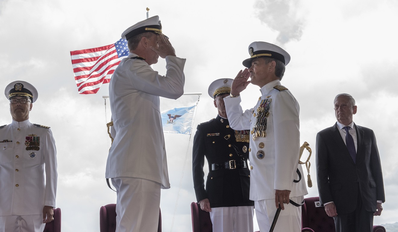 US Admiral Phil Davidson (left) relieves Admiral Harry Harris as commander of US Pacific Command (USPACOM) on May 30, 2018. Washington is honing its “Indo-Pacific” strategy to counter China’s growing regional influence. Photo: James Mullen/US Navy via AFP