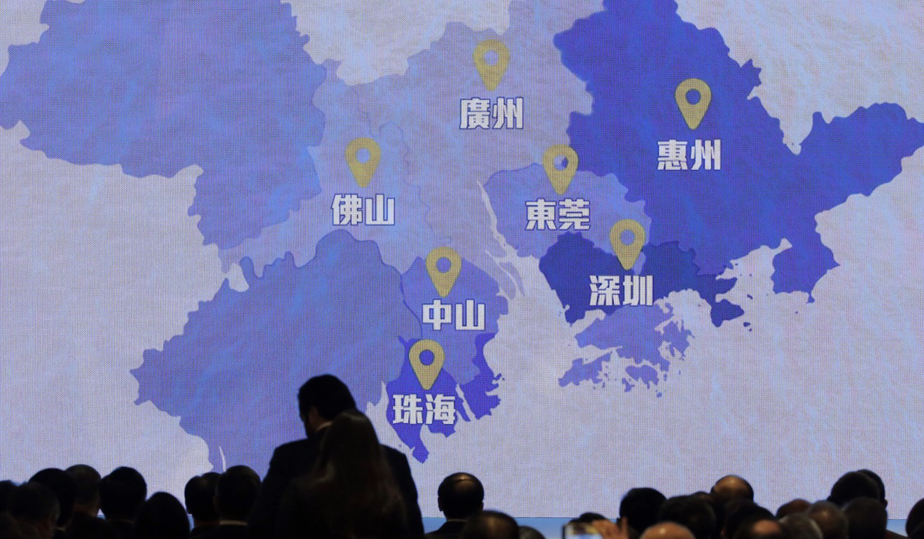 A screen showing the Greater Bay Area region and primary cities. Photo: AP