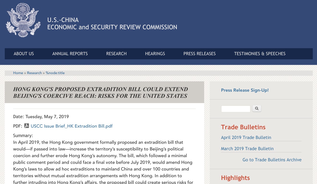 A screengrab of the US-China Economic and Security Review Commission report. Photo: Handout