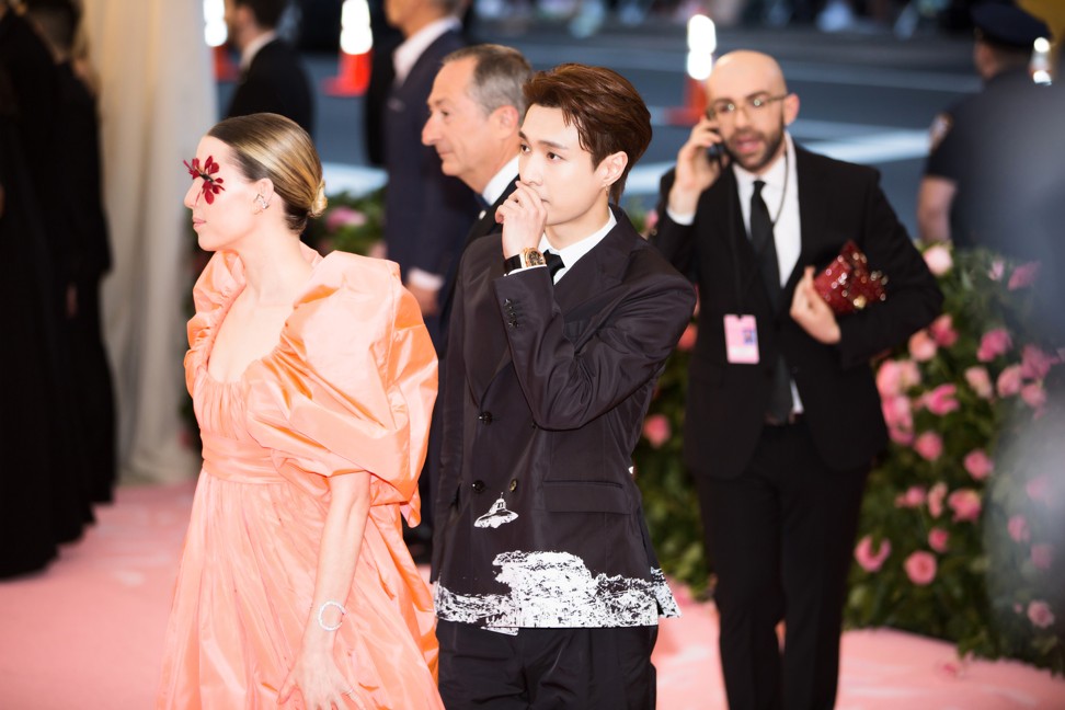 EXO member Lay Zhang (centre) on the pink carpet at the Met Gala on Monday.