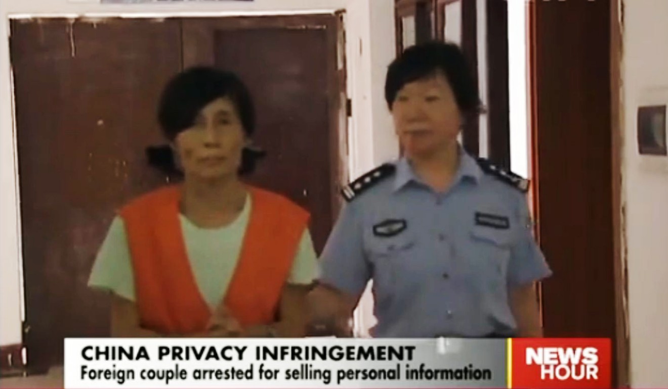 A screen grab from a CCTV broadcast shows Yu Yingzeng (left), who was sentenced in China in 2014 with her husband, Peter Humphrey. Photo: CCTV