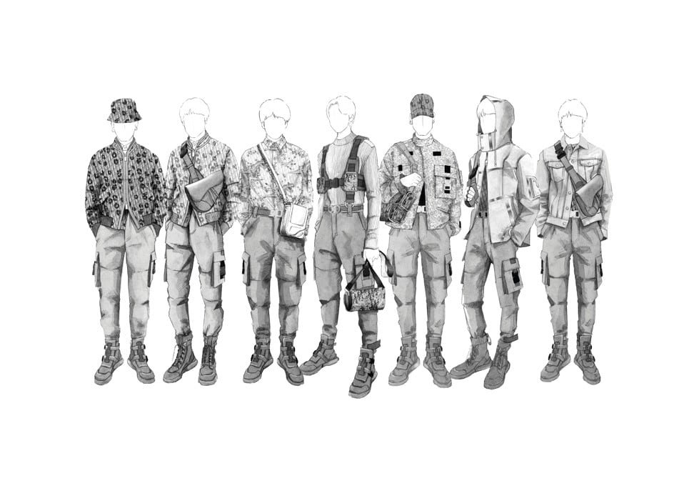 Sketches for the outfits designed by Dior’s Kim Jones for the BTS members.
