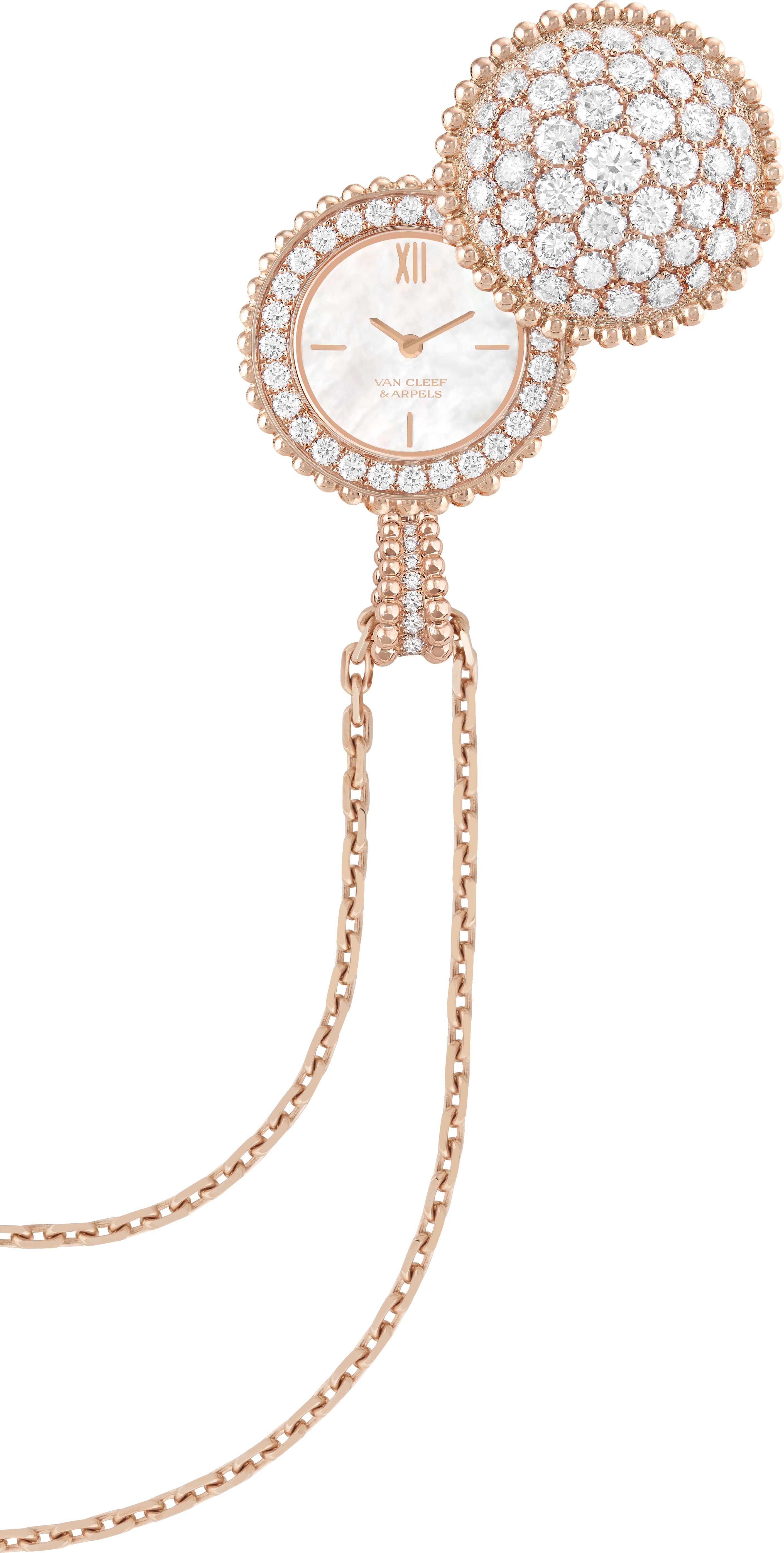 Van Cleef & Arpels’ Perlee watch pendant in rose gold with diamonds