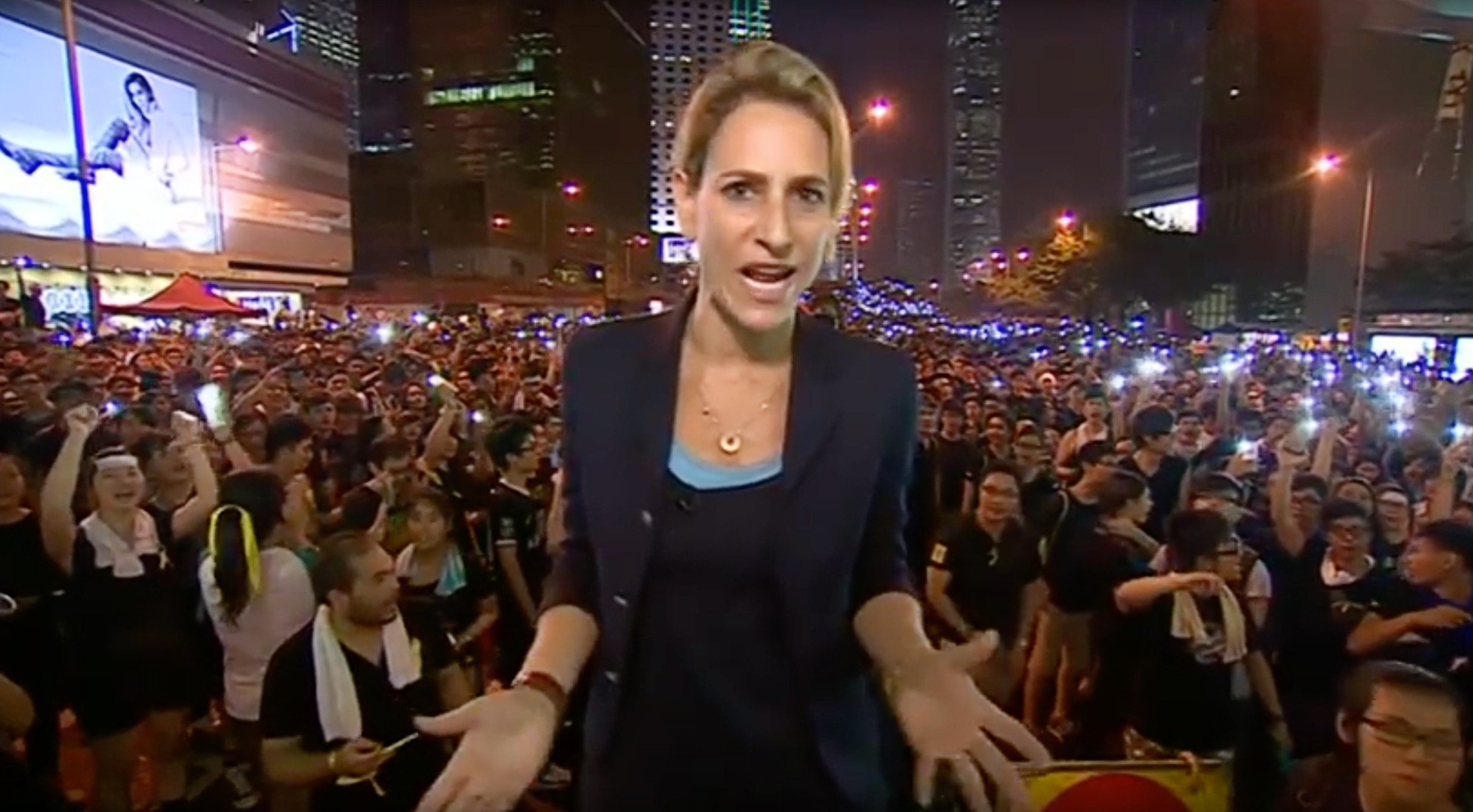 BBC Newsnight presenter Emily Maitlis covering Hong Kong’s “umbrella movement” protests for the BBC, in Admiralty, in 2014. Photo: BBC